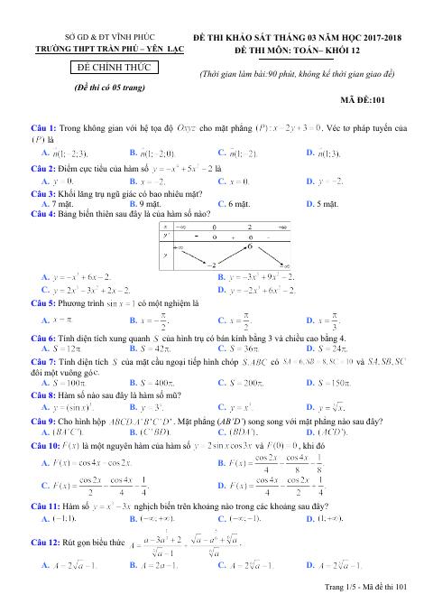 Đề thi khảo sát Toán 12 tháng 3/2018 trường Trần Phú & Yên Lạc – Vĩnh Phúc (bản Word)